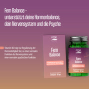 Eine lilafarbene Anzeige für FemBalance von FITNE Health Care zeigt eine Produktschachtel und eine Flasche mit grünen Kapseln, die die Unterstützung des hormonellen Gleichgewichts, des Nervensystems und der psychischen Gesundheit hervorheben. Die Vorteile von Vitamin B6 bei PMS werden hervorgehoben.