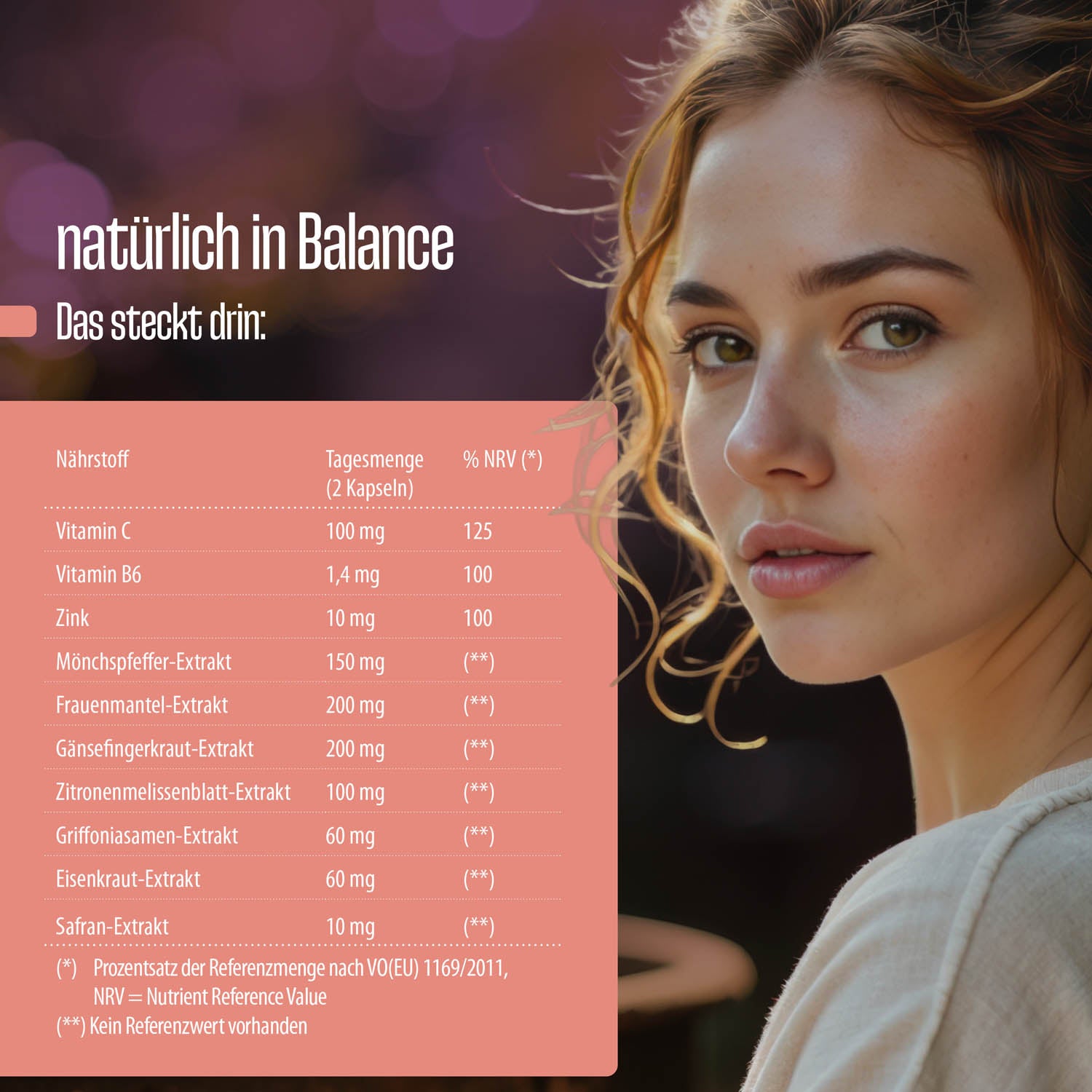 Eine junge Frau mit gewelltem Haar blickt vor einem weichen Hintergrund in die Kamera. Neben ihr zeigt eine Tabelle die Nährstoffe und die tägliche Dosierung pro 2 Kapseln für FemBalance von FITNE Health Care zur Unterstützung des Hormonhaushalts.