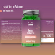 Eine Flasche mit FITNE Health Care FemBalance-Kapseln steht in der Mitte auf einem rosa und braunen Hintergrund. Das Etikett hebt den Hormonhaushalt und die Linderung von PMS hervor und enthält sichtbare Angaben zu den Inhaltsstoffen und dem Unternehmen rund um die Flasche.