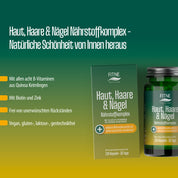 Eine grün-gelbe Anzeige von FITNE Health Care für "Nährstoffkomplex Haut, Haare & Nägel" zeigt eine Schachtel und eine Flasche und hebt die veganen, allergenfreien Vorteile sowie Biotin, Zink, Vitamin A und B-Vitamine für Haut, Haare und Nägel hervor.