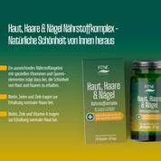 Grüne und gelbe Anzeige für FITNE Health Care Nährstoffkomplex Haut, Haare & Nägel zeigt Flasche, Schachtel und deutschen Text, der Biotin, Zink und Vitamin A für die Gesundheit von Haut, Haaren und Nägeln hervorhebt.