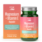 Eine Flasche und Schachtel FITNE Health Care Magnesium + Vitamin E Kapseln mit rosa, orange und grüner deutscher Verpackung, die die Unterstützung von Muskelfunktion und Energiestoffwechsel hervorhebt.
