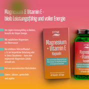 Eine Anzeige für FITNE Health Care Magnesium + Vitamin E Kapseln hebt die Vorteile für den Energiestoffwechsel, das natürliche Magnesium aus Meerwasser und die Abwesenheit von Gluten, Laktose und tierischen Bestandteilen hervor. Zeigt eine rosa Schachtel und eine grüne Flasche.