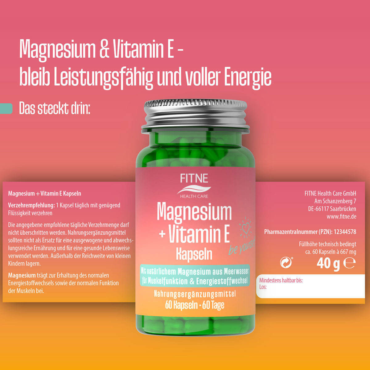 Eine grüne Flasche FITNE Health Care Magnesium + Vitamin E Kapseln steht vor einem rosa-orangefarbenen Hintergrund und zeigt deutsche Produktinformationen und Nährwertangaben, die den Nutzen für den Energiestoffwechsel hervorheben.
