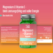 Eine grüne Flasche FITNE Health Care Magnesium + Vitamin E Kapseln steht vor einem rosa-orangefarbenen Hintergrund und zeigt deutsche Produktinformationen und Nährwertangaben, die den Nutzen für den Energiestoffwechsel hervorheben.