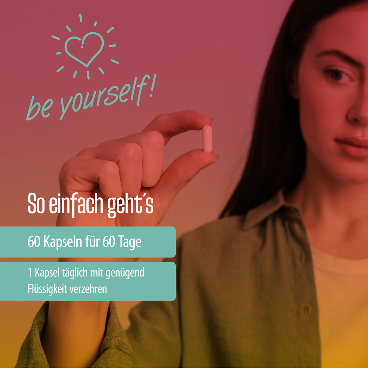 Eine Frau hält eine einzelne Magnesium + Vitamin E Kapsel zwischen ihren Fingern. Der Text lautet: FITNE Health Care - sei du selbst! So einfach geht's: 60 Kapseln für 60 Tage. 1 Kapsel täglich mit ausreichend Flüssigkeit verzehren. Rosa-orangefarbener Verlauf im Hintergrund.