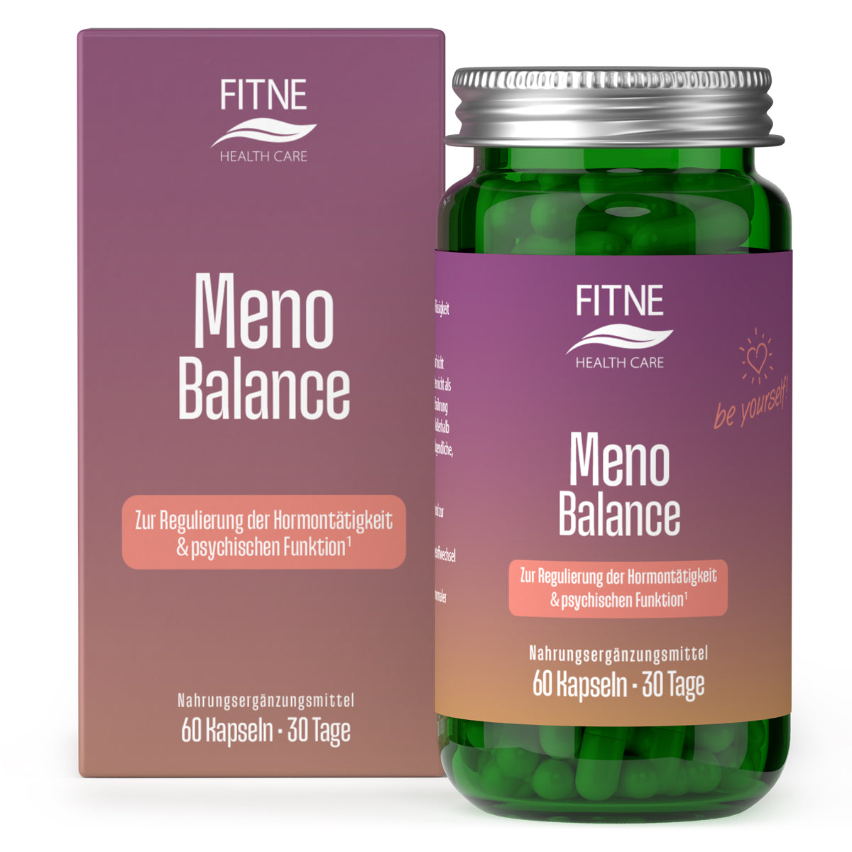 Eine Flasche und Schachtel FITNE Health Care Meno Balance Kapseln zur Regulierung der Hormontätigkeit und der psychischen Funktion in den Wechseljahren, mit 60 Kapseln aus grünem Pflanzenextrakt (30 Tage Vorrat) in einer transparenten Flasche.