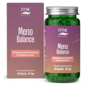 Flasche und Schachtel FITNE Health Care Meno Balance Kapseln (60 Kapseln) zur Unterstützung der Hormontätigkeit und des psychischen Wohlbefindens in den Wechseljahren, mit lila-rosafarbenem Etikett.