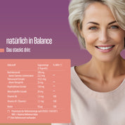 Auf der rechten Seite erscheint eine lächelnde blonde Frau mit kurzen Haaren, während auf der linken Seite eine rosa und violette Tabelle die täglichen Nährstoffe für FITNE Health Care Meno Balance Kapseln auf Deutsch auflistet, mit der Überschrift "natürlich in Balance-ideal für die Wechseljahre".