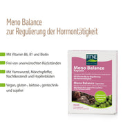 Produktbild von fitne Meno Balance Kapseln, Highlights Hormonregulation, Vitamine B6, B1, Biotin – pflanzliches Nahrungsergänzungsmittel für die Wechseljahre; vegan sowie gluten-, laktose-, soja- und gentechnikfrei.