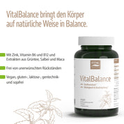Eine Flasche fitne VitalBalance wird mit einem deutschen Text präsentiert, der die enthaltenen Mikronährstoffe für den Energiestoffwechsel hervorhebt. Das Produkt ist vegan, gluten-, laktose-, soja- und gentechnikfrei und enthält Zink, Vitamine sowie Pflanzenextrakte.