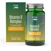 Eine Flasche und Schachtel FITNE Health Care Vitamin B Komplex Kapseln, mit 90 Kapseln für 30 Tage, in grün-gelber Verpackung. Unterstützt Nerven, Psyche, geistige Leistungsfähigkeit und Energiestoffwechsel mit natürlichen B-Vitaminen.