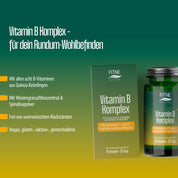 Eine grün-gelbe Anzeige für FITNE Health Care Vitamin B Komplex Kapseln ziert Flasche und Schachtel und wirbt für natürliche B-Vitamine aus Quinoasprossen, pflanzliche Extrakte und vegane, gluten- sowie laktosefreie Eigenschaften für den Energiestoffwechsel.