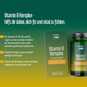 Eine grün-gelbe Anzeige für FITNE Health Care Vitamin B Komplex Kapseln hebt die Unterstützung von Nerven, Immunität, geistiger Leistungsfähigkeit und Energiestoffwechsel hervor. Die Verpackung ist auf der rechten Seite abgebildet.