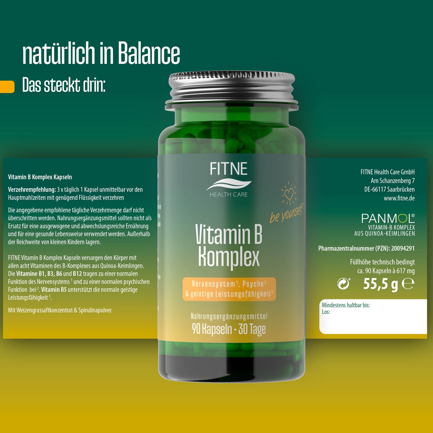 Die grüne FITNE Health Care Vitamin B Komplex Kapseln Flasche steht mittig auf einem teal-gelben Hintergrund und hebt 90 Kapseln für 30 Tage zur Unterstützung von Nerven, Psyche, Energiestoffwechsel und geistiger Leistungsfähigkeit mit natürlichen B-Vitaminen hervor.