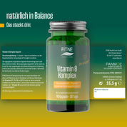 Die grüne FITNE Health Care Vitamin B Komplex Kapseln Flasche steht mittig auf einem teal-gelben Hintergrund und hebt 90 Kapseln für 30 Tage zur Unterstützung von Nerven, Psyche, Energiestoffwechsel und geistiger Leistungsfähigkeit mit natürlichen B-Vitaminen hervor.