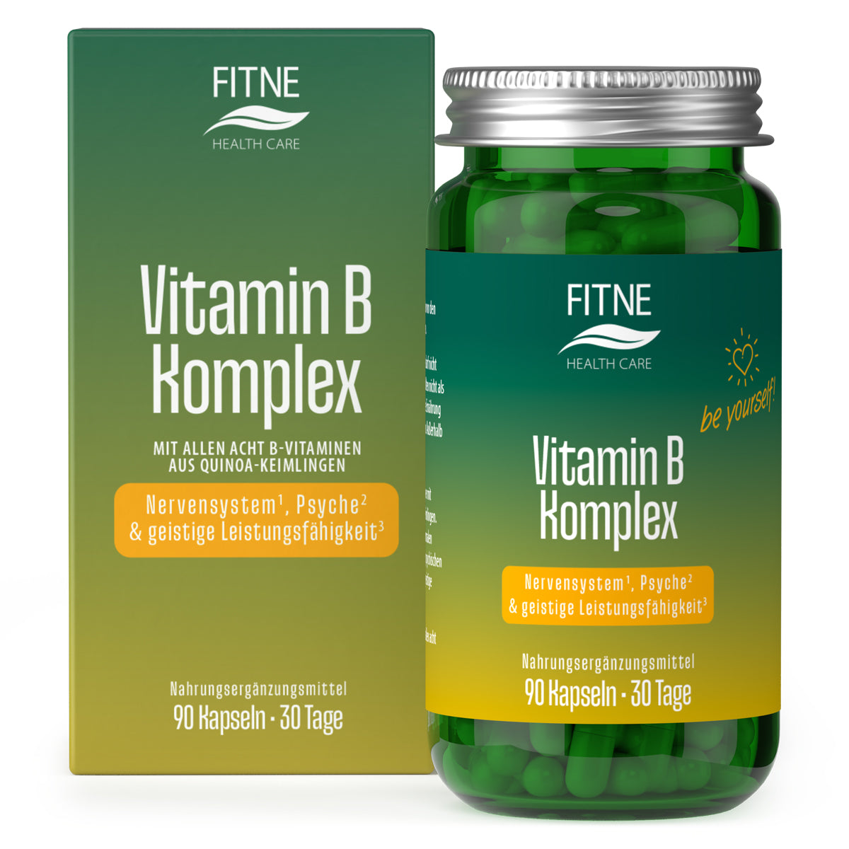 Eine grüne Flasche und Schachtel mit FITNE Health Care Vitamin B Komplex Kapseln zur Unterstützung der Nerven, des Geistes und der kognitiven Fähigkeiten. Enthält 90 natürliche B-Vitamin Kapseln für den Energiestoffwechsel.