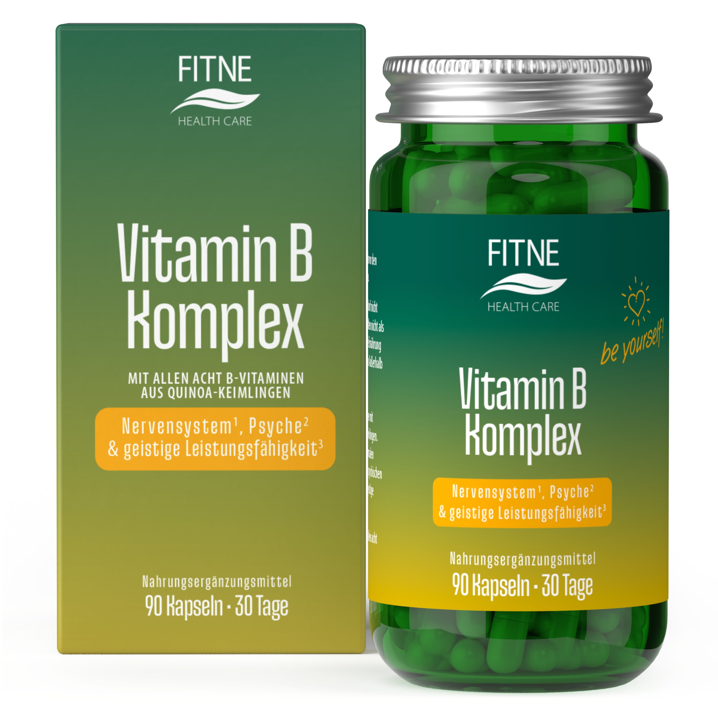 Eine grün-gelbe Schachtel und Flasche mit der Aufschrift Vitamin B Komplex Kapseln (Relaunch) von FITNE Health Care, mit B-Vitaminen aus Quinoa-Sprossen; 90 Kapseln für 30 Tage zur Unterstützung von Nerven, Psyche und geistiger Leistungsfähigkeit.