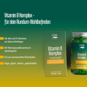 Eine Dose und ein Glas FITNE Health Care Vitamin B Komplex Kapseln (Relaunch) mit grün-gelbem Farbverlauf, die alle acht veganen B-Vitamine mit Quinoa-Sprossen hervorheben; glutenfrei, laktosefrei und frei von unerwünschten Rückständen.