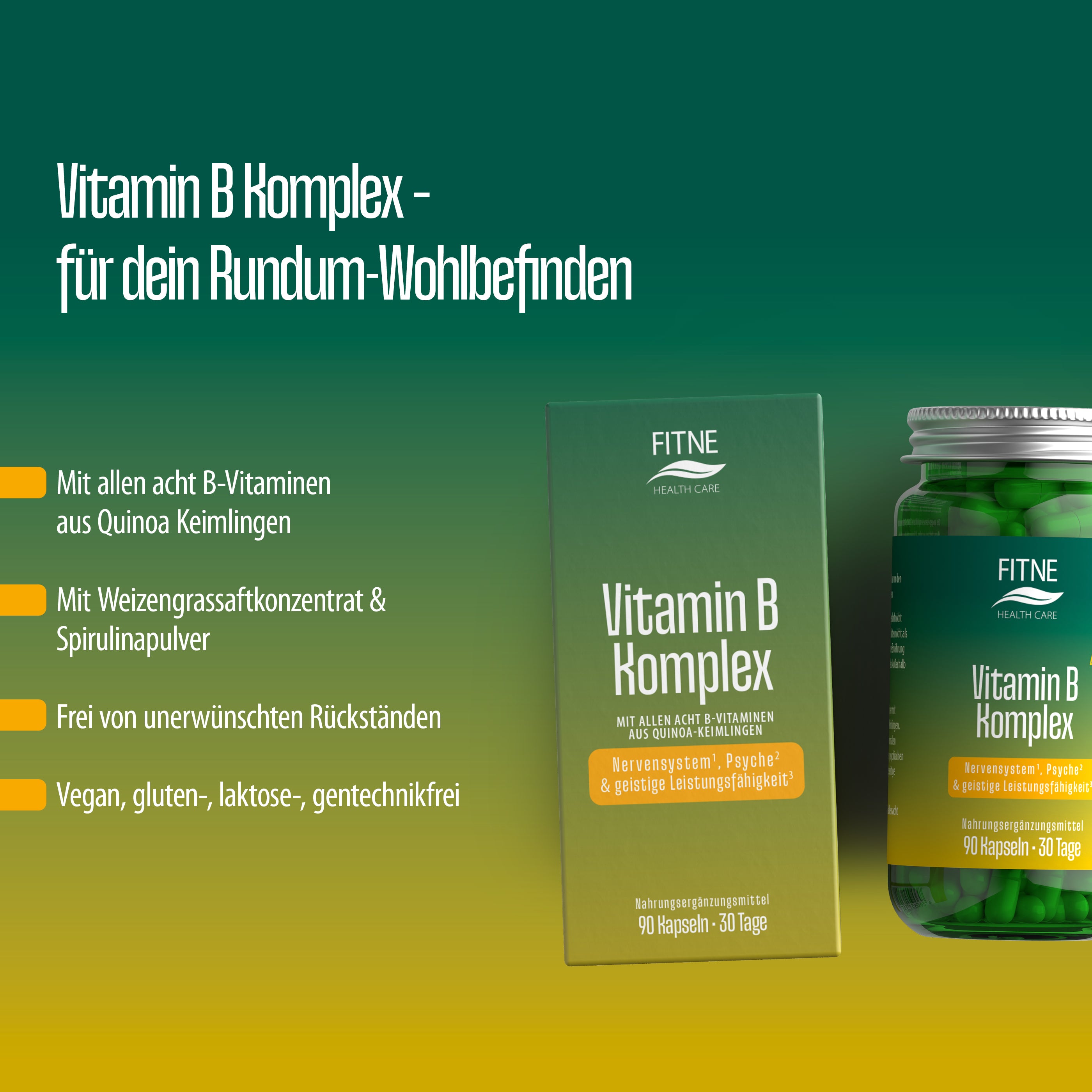 Eine Dose und ein Glas FITNE Health Care Vitamin B Komplex Kapseln (Relaunch) mit grün-gelbem Farbverlauf, die alle acht veganen B-Vitamine mit Quinoa-Sprossen hervorheben; glutenfrei, laktosefrei und frei von unerwünschten Rückständen.