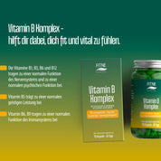 Eine grün-gelbe Anzeige zeigt die Vitamin B Komplex Kapseln (Relaunch) von FITNE Health Care in einer Schachtel und einem Glas, die B-Vitamine und Quinoa-Keimlinge zur Unterstützung der geistigen Leistungsfähigkeit und des Immunsystems hervorheben.