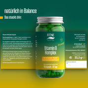 Eine durchsichtige, grün etikettierte Flasche von FITNE Health Care Vitamin B Komplex Kapseln (Relaunch) mit grünen Kapseln steht mittig auf einem grünen Hintergrund. Der deutsche Text informiert über das Produkt, die Dosierung, den Inhaltsstoff Quinoa-Keimlinge und die Kontaktinformationen.