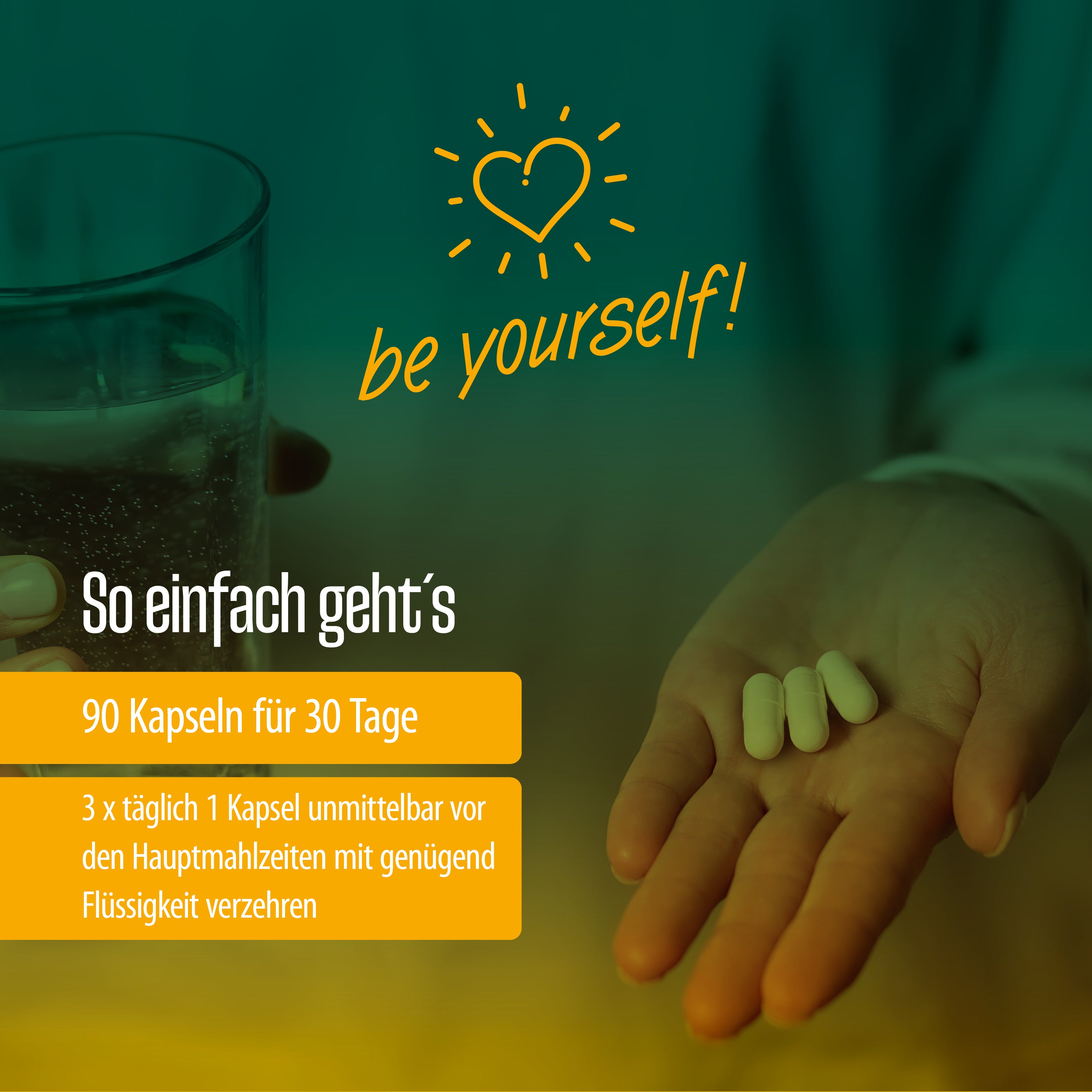 Eine Person hält drei weiße Kapseln in einer Hand und ein Glas Wasser in der anderen. Text: Sei du selbst! So einfach geht's: FITNE Health Care Vitamin B Komplex Kapseln (Relaunch), 90 Stück für 30 Tage. Dosieranleitung auf Deutsch unten.