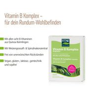 Eine Schachtel fitne Vitamin B Komplex Kapseln wird neben deutschem Text angezeigt, der wichtige Mikronährstoffe wie B-Vitamine aus Quinoasprossen hervorhebt; das Produkt ist vegan, glutenfrei und laktosefrei.