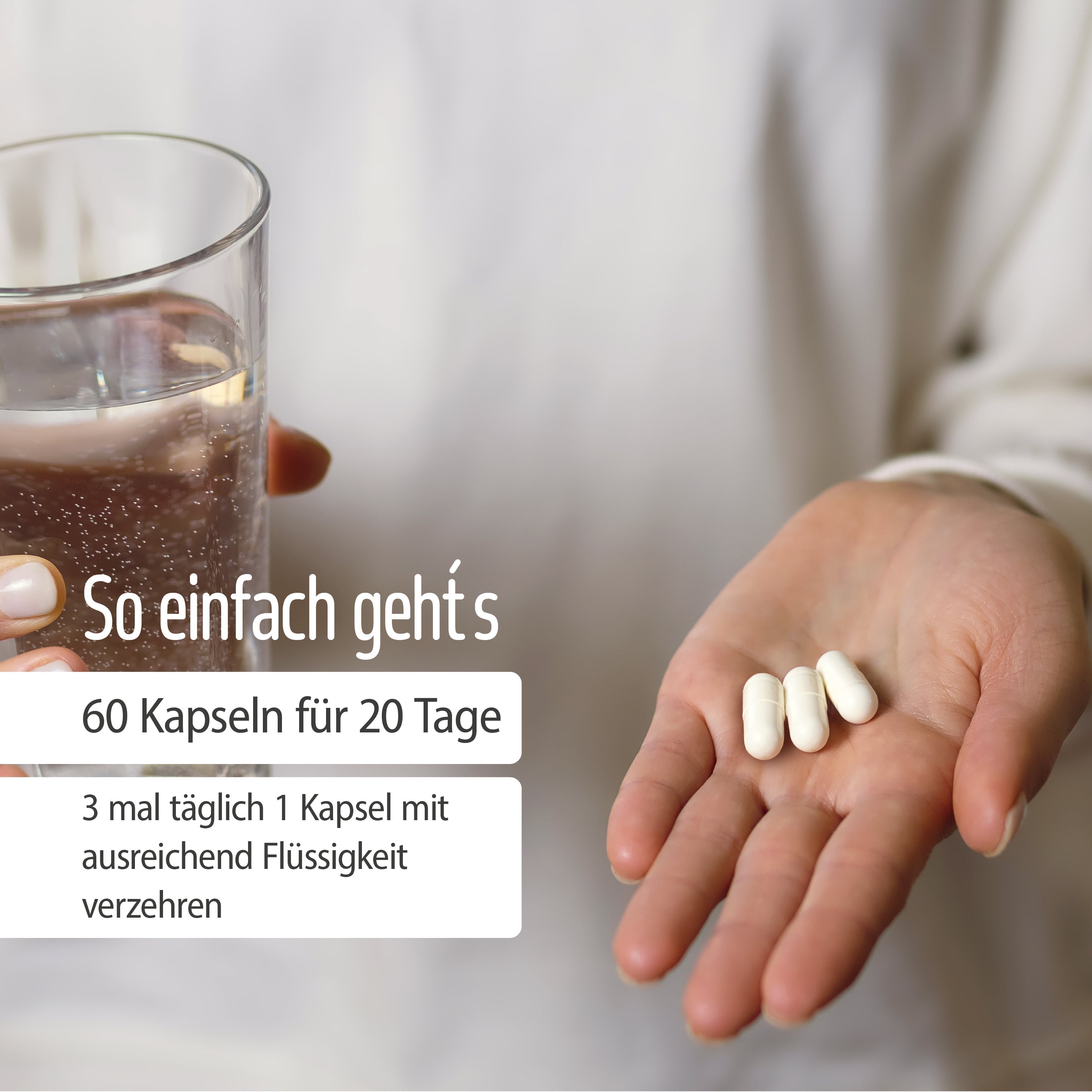 Eine Hand hält drei fitne Vitamin B Komplex Kapseln, die andere ein Glas Wasser. Deutschsprachiger Text erklärt: 3-mal täglich 1 Kapsel mit ausreichend Flüssigkeit einnehmen.